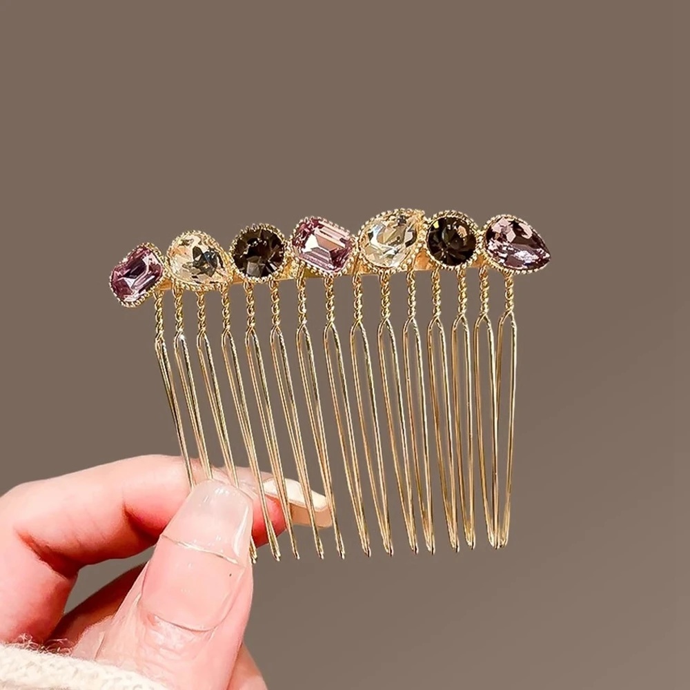 Comb Fine Tooth - หวีเสียบผมประดับอัญมณีหลากสีสไตล์วินเทจ หวีโลหะซี่ถี่ ดีไซน์หรูหราสำหรับเจ้าสาว ใช้จัดทรงผมด้านข้างและเก็บผมหน้าม้า เครื่องประดับคริสตัลสไตล์เรโทร