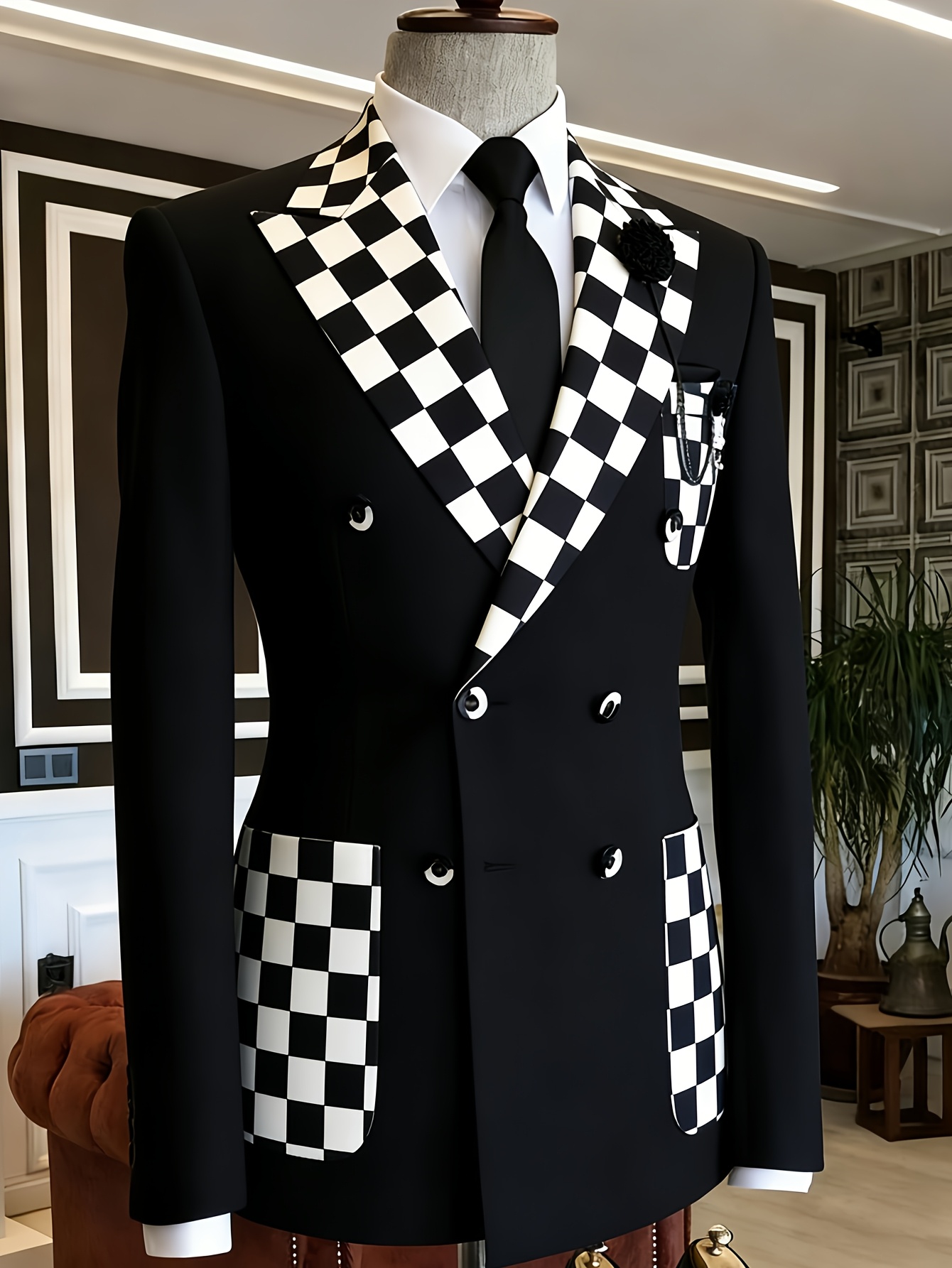 Jack Men'S Grooming - เสื้อเบลเซอร์ผู้ชายสีดำแบบกระดุมสองแถว ลายตารางหมากรุกขาวดำ ปกเสื้อตัดเย็บแบบพิเศษ มีกระเป๋าเสื้อ ทรงเข้ารูป เหมาะสำหรับงานแต่งงาน
